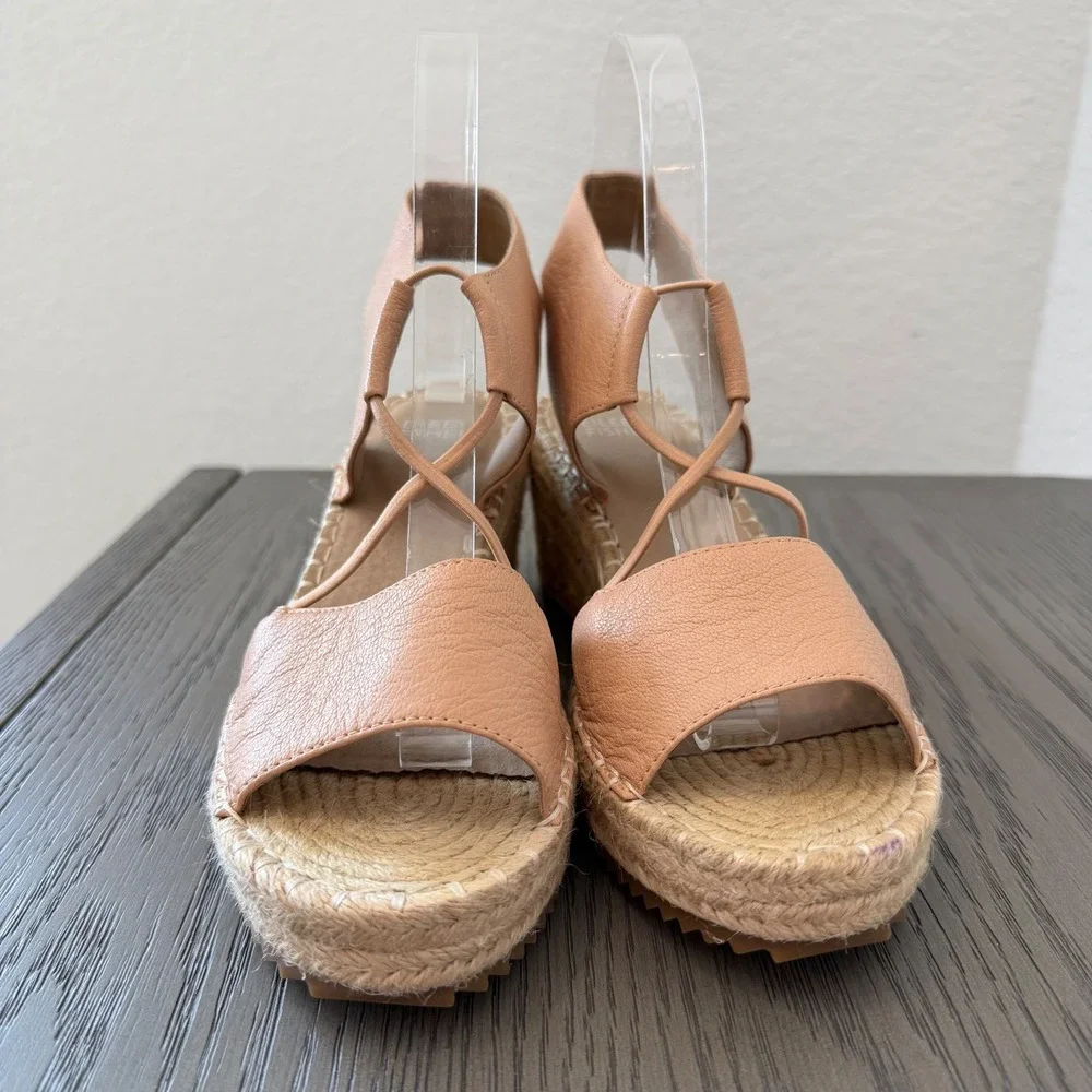 Eileen‎ Fisher Tan Leather Espadrille Wedge Sandals Lace Up 7.5 Nude Boho Summer